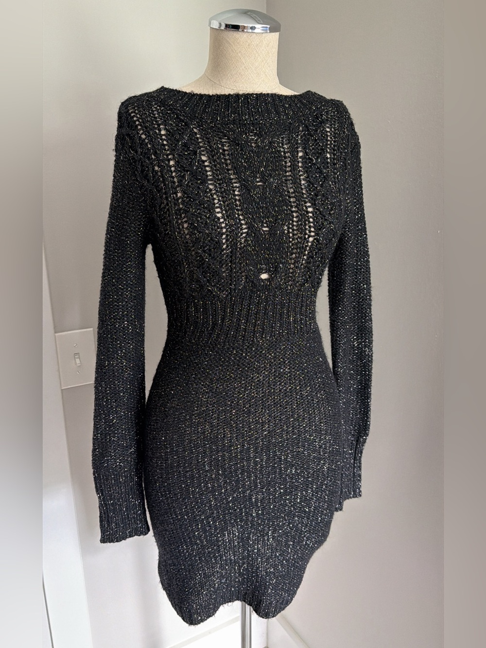 Foxy Jeans Women’s Black Solid Metallic Knit Sweater Dress Boat Neck XS